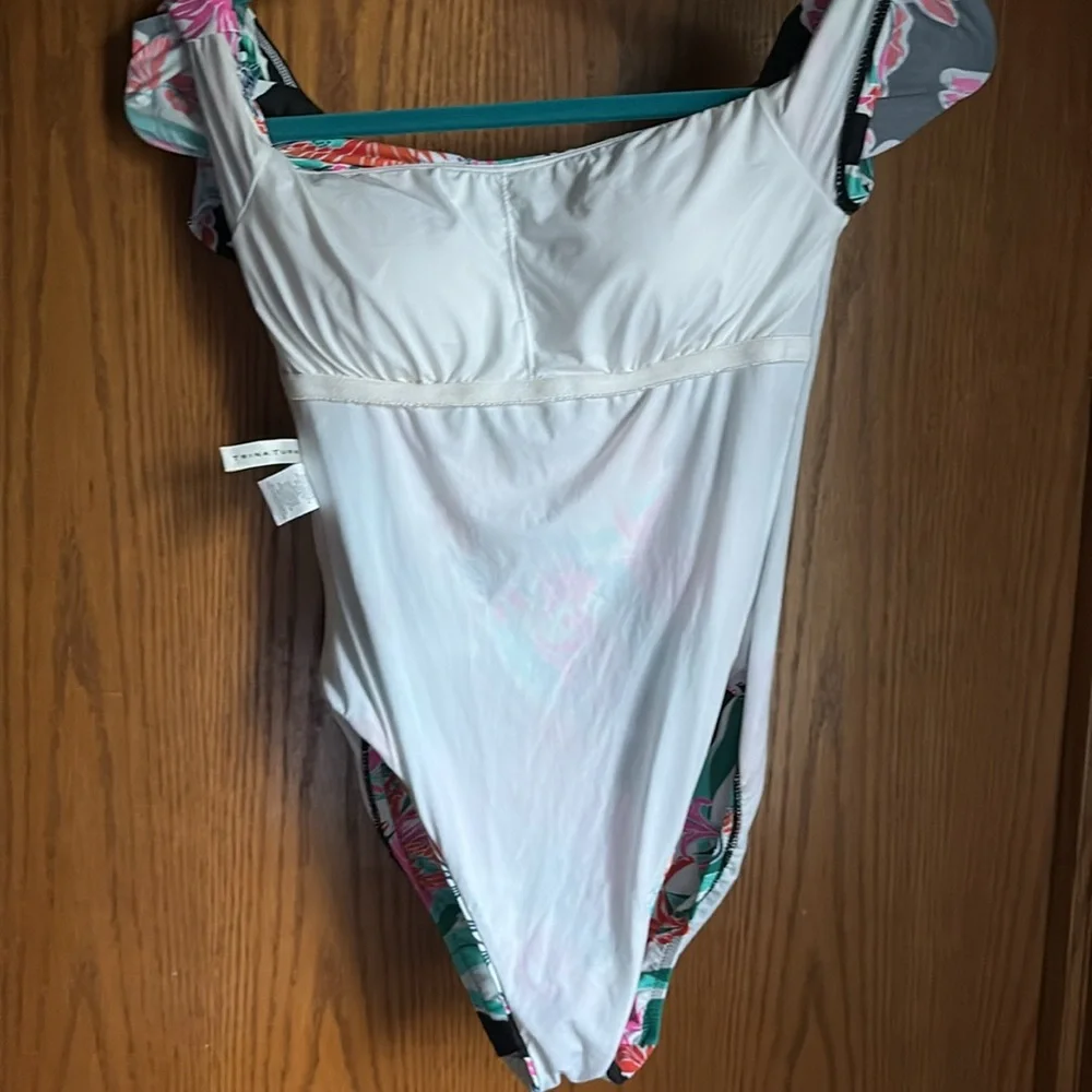 Trina Turk Black and Pink Floral One Piece with off the shoulders ruffle - Picture 6 of 6